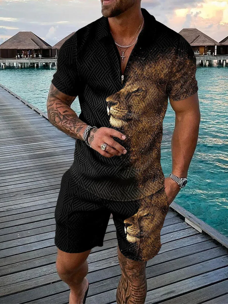 Summer 2024 Men's Sportswear Cotton Solid Color Short Sleeve Zip Polo Shirt and Shorts Set Men's Casual Streetwear 2-Piece