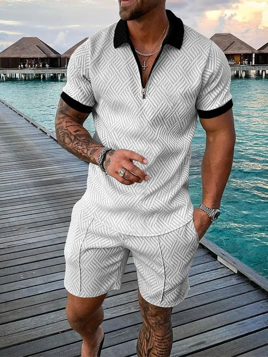 Summer 2024 Men's Sportswear Cotton Solid Color Short Sleeve Zip Polo Shirt and Shorts Set Men's Casual Streetwear 2-Piece