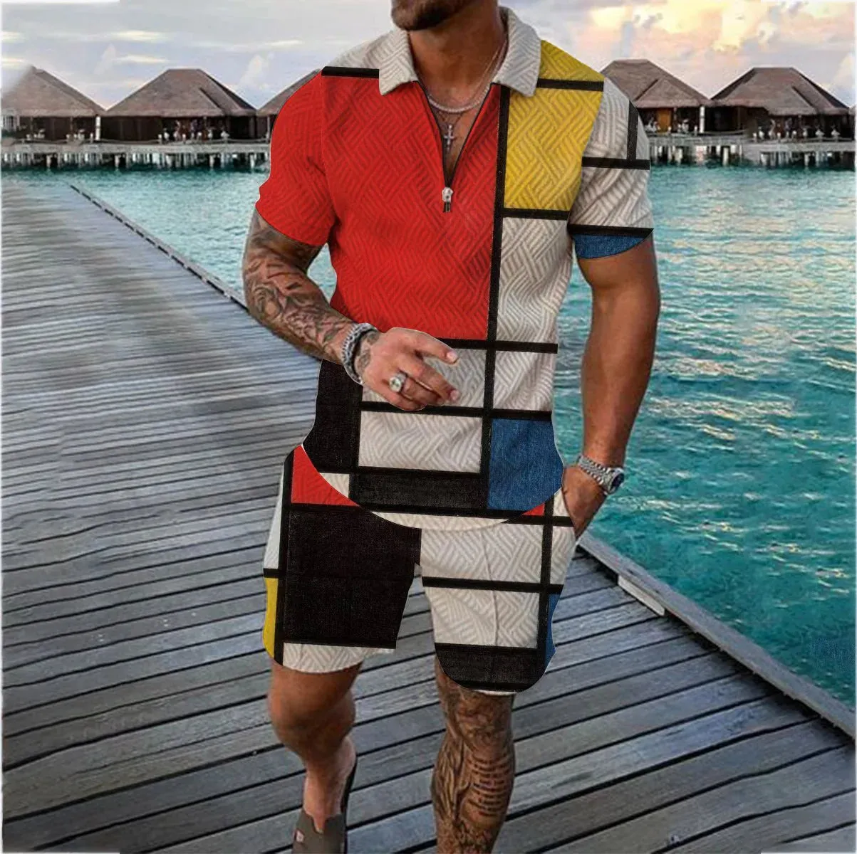 Summer 2024 Men's Sportswear Cotton Solid Color Short Sleeve Zip Polo Shirt and Shorts Set Men's Casual Streetwear 2-Piece