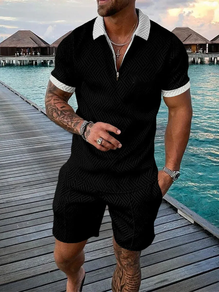Summer 2024 Men's Sportswear Cotton Solid Color Short Sleeve Zip Polo Shirt and Shorts Set Men's Casual Streetwear 2-Piece