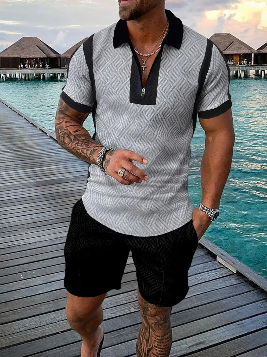 Summer 2024 Men's Sportswear Cotton Solid Color Short Sleeve Zip Polo Shirt and Shorts Set Men's Casual Streetwear 2-Piece