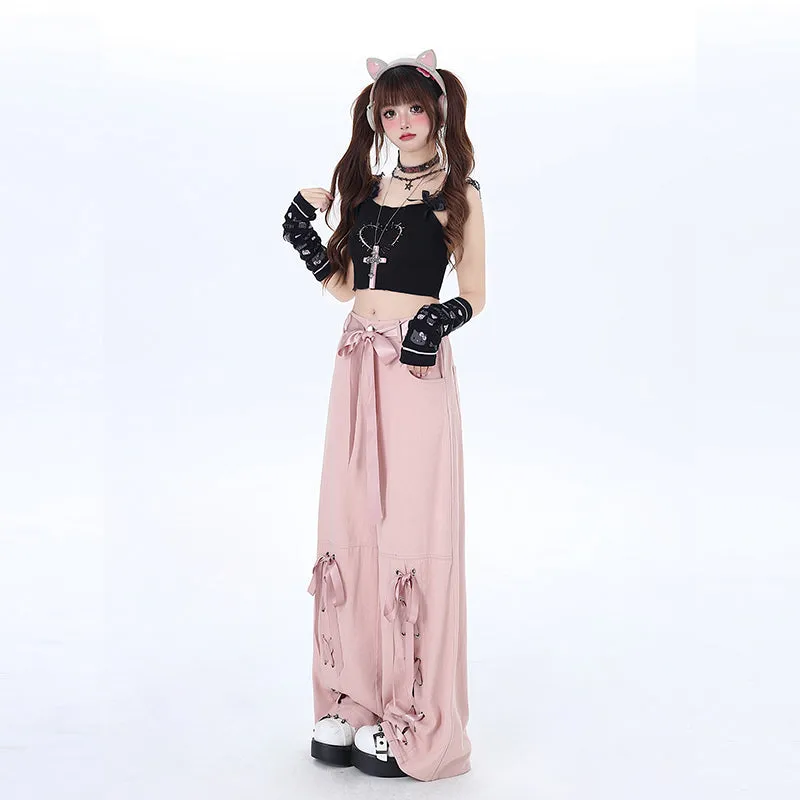 Sweet Girly Ballet Style Pink Bow Overalls