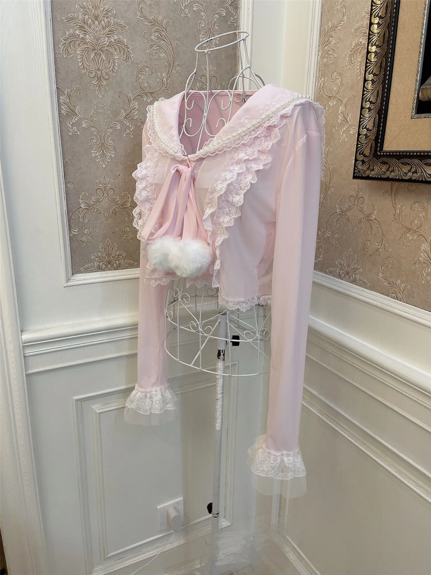 Sweetheart Princess Vintage Coquette Pastel Lace Bow Pink Cardigan Sweater