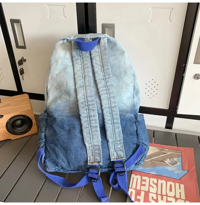 UAKISS  -  Japanese Gradient Tie Dye Wash Denim Blue Butterfly Backpack New High Capacity Student Campus Outgoing Schoolbag Girl
