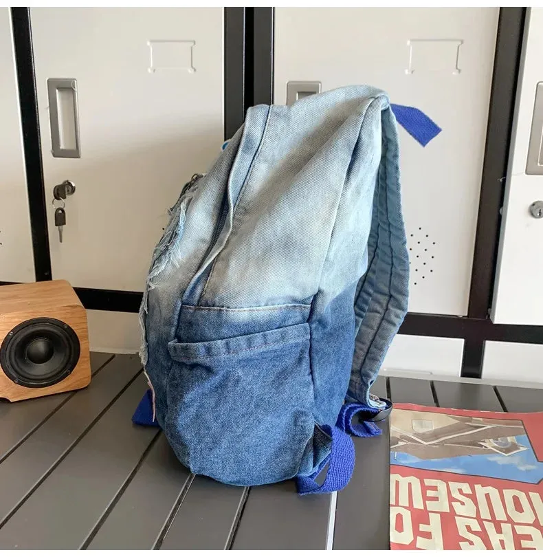 UAKISS  -  Japanese Gradient Tie Dye Wash Denim Blue Butterfly Backpack New High Capacity Student Campus Outgoing Schoolbag Girl