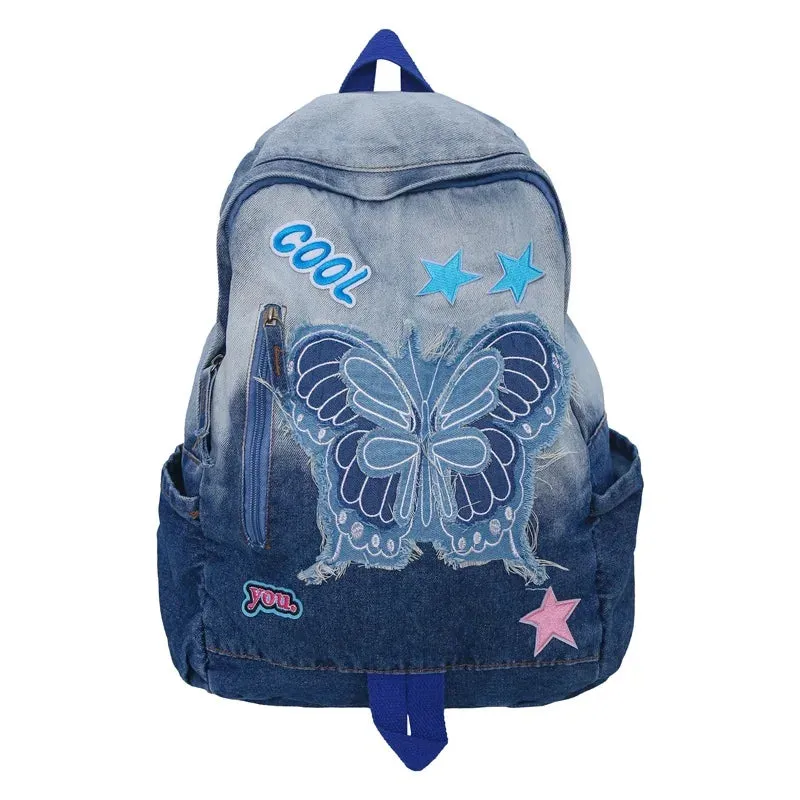 UAKISS  -  Japanese Gradient Tie Dye Wash Denim Blue Butterfly Backpack New High Capacity Student Campus Outgoing Schoolbag Girl