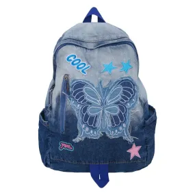 UAKISS  -  Japanese Gradient Tie Dye Wash Denim Blue Butterfly Backpack New High Capacity Student Campus Outgoing Schoolbag Girl