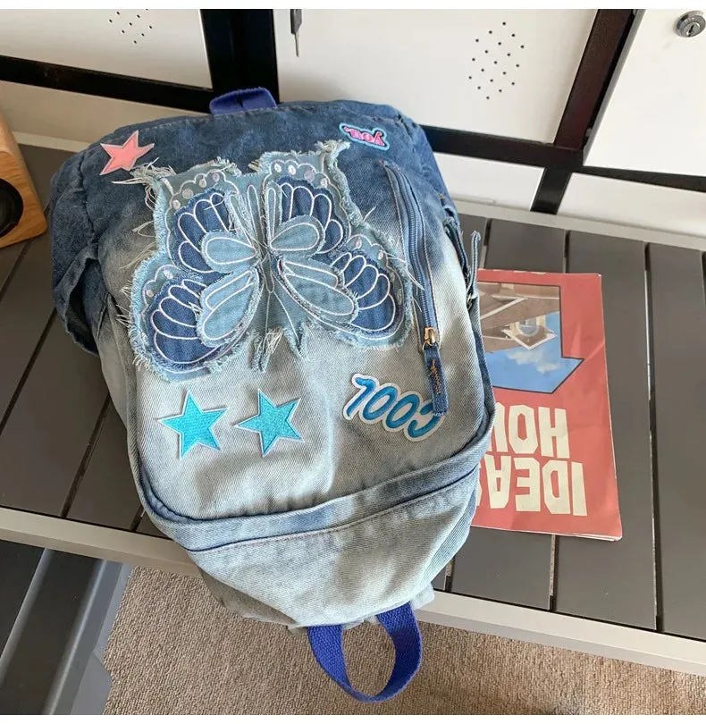 UAKISS  -  Japanese Gradient Tie Dye Wash Denim Blue Butterfly Backpack New High Capacity Student Campus Outgoing Schoolbag Girl